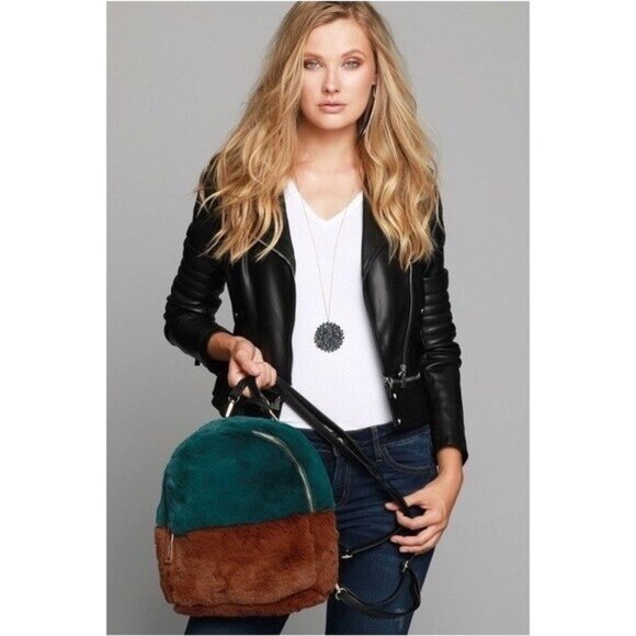 Faux Fur Backpack Gray Burgundy Travel School Vacation Academia Fuzzy - Picture 2 of 13